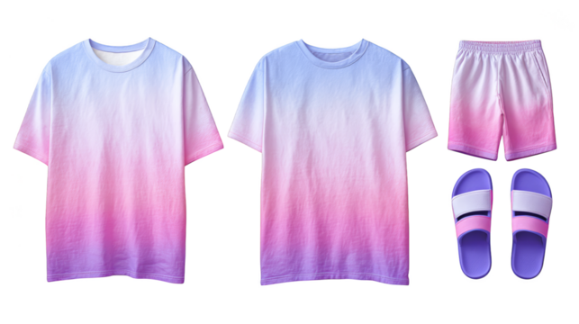 A complete casual summer outfit ensemble featuring a comfortable t shirt relaxed fit shorts and easy to wear flip flops representing a perfect set of warm weather attire.