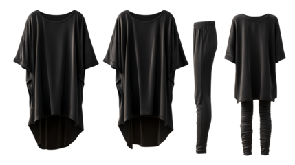 A close up view of four simple classic black t shirts hanging neatly in a row on a metallic clothes rack in a minimalist retail or closet setting ready for selection.