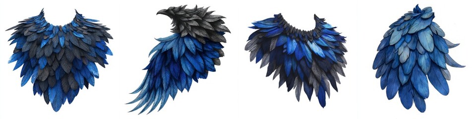 Creative artistic designs of layered feather arrangements in varying shades of blue and black with intricate details and textures for fashion, costume, or artistic projects
