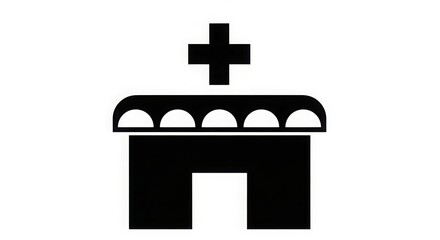 Obraz premium A simple black and white illustration of a hospital building with a cross on top of it design