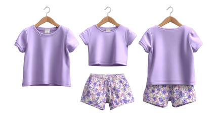 A stylish two piece matching summer clothing ensemble featuring a purple short sleeved shirt and shorts both embellished with a vibrant purple flower and leaf print pattern design.