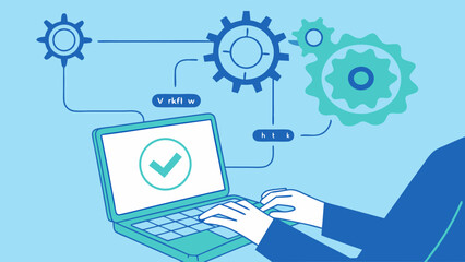 Efficient Workflow Process Hands Typing on Laptop with Connected Gears.
