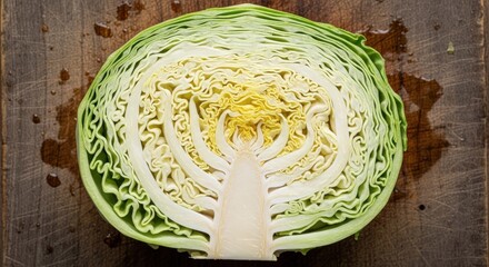 Obraz premium Close-up of a sliced head of cabbage, showcasing its intricate layers and vibrant green and yellow tones.