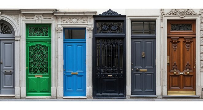 A row of six colorful ornate doors with stone frames in varying styles and colors in close proximity