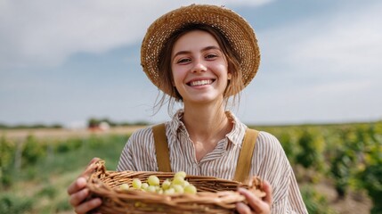 A cheerful woman holds a wicker basket filled with grapes while standing in a vineyard. The backdrop features vast green fields under a bright sky, capturing the essence of harvest time.