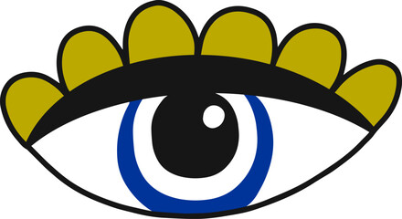 Cartoon illustration of an eye with blue iris, black pupil and white sclera, featuring long golden eyelashes, creating a whimsical and captivating image