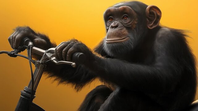 Curious chimpanzee riding scooter against vibrant orange background in motion
