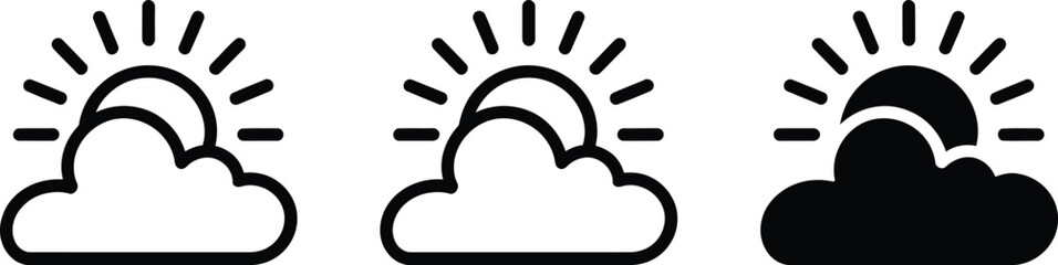 Sunny Icon Set with Cloud Outline on Transparent Background in Three Variations