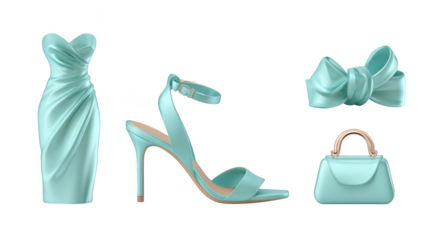 A sophisticated and colorful assortment of elegant women s high heeled shoes and stylish handbags arranged in a visually appealing flat lay composition for fashion and accessory concepts.