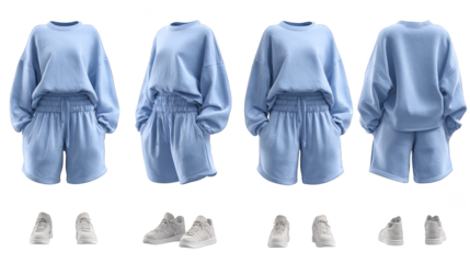 A stunning and versatile collection of four different and unique blue outfits showcasing a range of styles and fabrics perfect for various occasions and personal fashion expressions.