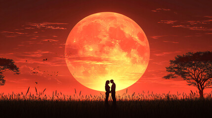 Couple in love silhouette at sunset