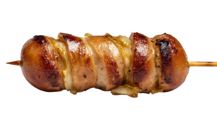 A perfectly grilled and seasoned whole roasted chicken skewered on a wooden stick a savory culinary delight often found at festivals and fairs showcasing crispy golden brown skin.
