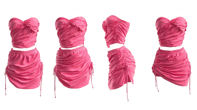 A comprehensive visual study of a chic pink dress presented in a four part layout to highlight the silhouette texture and elegant details from multiple viewpoints for style concepts.