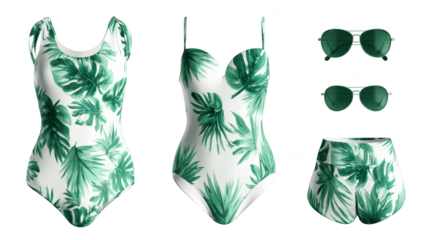Elegant one piece swimsuit featuring a vibrant white and green tropical palm leaf pattern perfect for summer vacations beach days and poolside lounging under the warm sun.