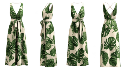 A stunning collection of three elegant garments each adorned with a vibrant pattern of lush green leaves showcasing a nature inspired aesthetic on a simple background.