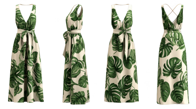 A stunning collection of three elegant garments each adorned with a vibrant pattern of lush green leaves showcasing a nature inspired aesthetic on a simple background.