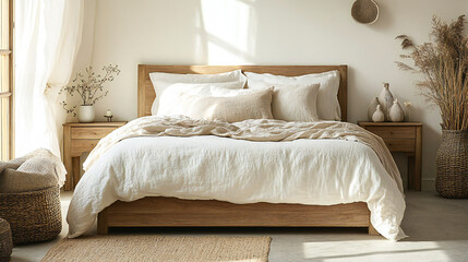 Obraz premium Cozy beige bedroom showcasing a wooden double bed adorned with plush pillows, minimalist decor, and a bright white wall perfect for mockups, bathed in soft, warm light