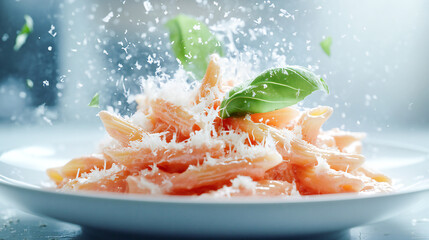 Creamy pink vodka sauce coats al dente penne pasta steam rises from the artfully plated dish garnished with fresh basil and grated parmesan set against a clean white background