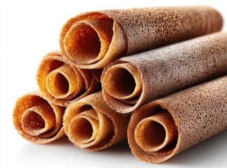 Rolled, thin, light-brown and golden-orange crispy pastries stacked in a triangular arrangement against a white background