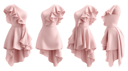 A minimalist fashion display presenting a trio of unique gowns each defined by its striking textured fabric featuring pronounced overlapping folds and stylish gathered ruffles.