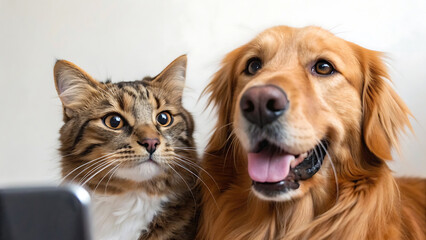 Adorable tabby cat and golden retriever dog posing for a funny selfie together with a smartphone, illustrating a cute animal friendship.