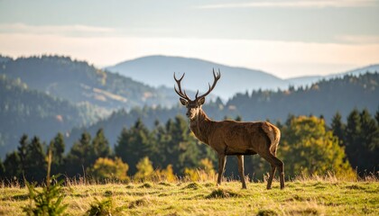 Fototapeta premium Majestic stag surveys wooded hills