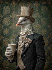 Pigeon dressed in a 19th century outfit, holding a paper cup of coffee against floral pattern background. Caffeine, tycoon historical concept.