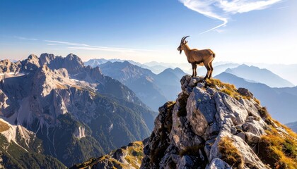 Mountain goat surveys landscape on cliff