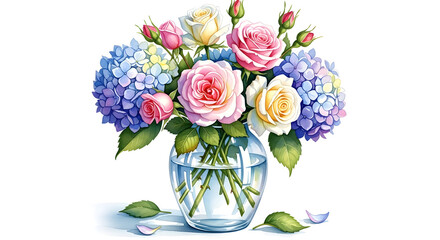 Obraz premium A beautiful arrangement of colorful roses and hydrangeas in a clear glass vase with scattered petals