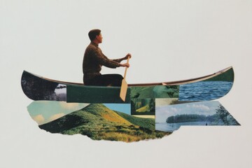 Man sailing canoe collage transportation illustration.
