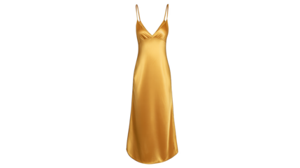 A stunning and elegant golden colored evening gown featuring delicate spaghetti straps and a gracefully flowing silhouette perfect for a formal occasion or a glamorous night out.