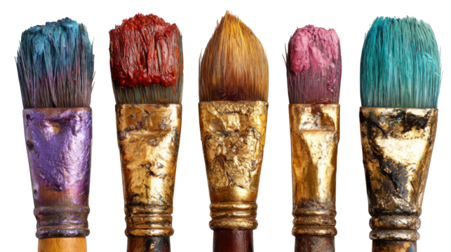 A meticulously arranged collection of assorted brushes in a straight showcasing a variety of bristle types and handle designs for creative or cleaning tasks.