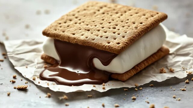Melting chocolate and marshmallow delight: closeup of gooey s'mores treat on parchment
