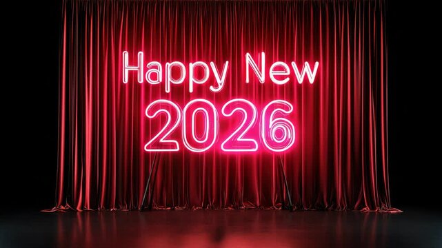 Glowing neon "happy new 2026" sign with red curtains in elegant celebration scene
