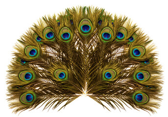 Fototapeta premium Arrangement of peacock feathers displays vibrant colors and intricate patterns on a white surface, showcasing nature's artistry and exotic beauty.