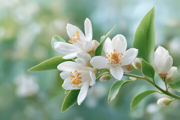 White orange blossoms with green leaves, macro detail, photorealistic perfume ingredient.