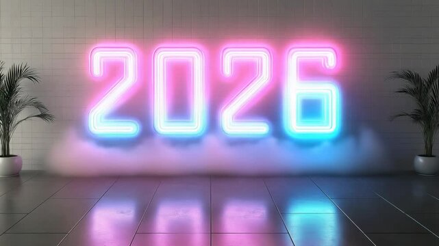 Neon 2026 sign glowing and reflecting on wet floor with plant decor