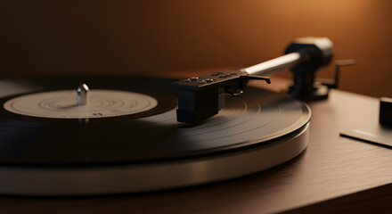 Vinyl Melody: A close-up shot captures the elegant dance of a record playing on a vintage turntable, the needle delicately tracing the grooves.