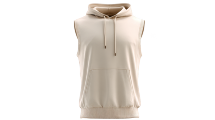 A detailed close up of a stylish beige sleeveless hoodie showcasing its soft fabric texture drawstring hood and modern athletic design against a clean minimalist background for fashion concepts.