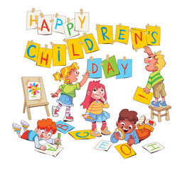 Children hung on the wall a greeting on International Children's Day. Kids scribbles on the wall and floor. Colorful cartoon characters. Funny vector illustration. Isolated on white background