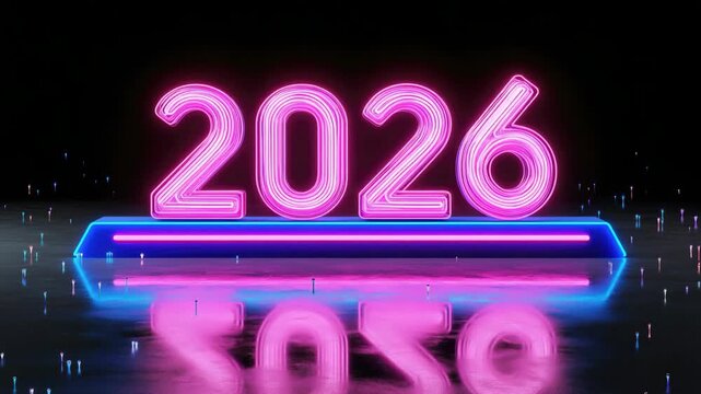 Neon glowing 2026: vibrant countdown in dazzling nightscape reflections
