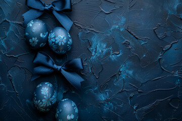 Decorated Easter eggs with floral patterns and dark blue bows on a moody textured background. Blue Floral Easter Eggs with Satin Bows on Dark Textured Surface