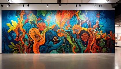 Cultural abstract mural with bold textures and organic patterns, captured in sharp focus with balanced lighting.