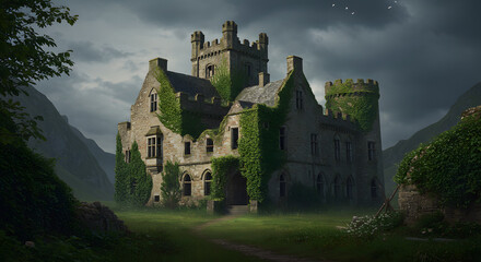 Obraz premium Ancient Castle in the Valley: An old stone castle, its walls adorned with ivy, stands majestically in a serene valley, shrouded in an aura of history and mystery.