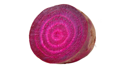 A vibrant freshly harvested red beet with its deep crimson skin and earthy green leaves is showcased as a singular striking subject against a stark pure black background.