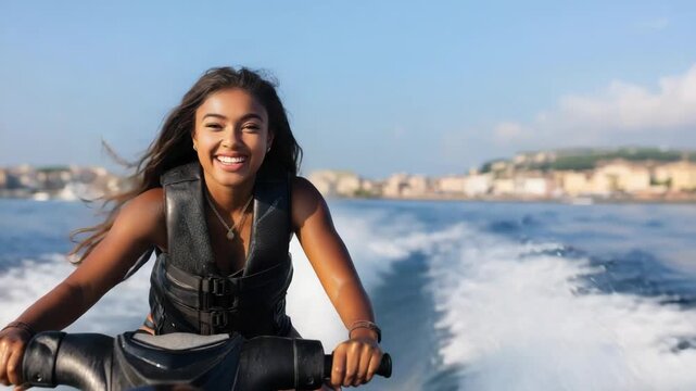 Joyful ride on jet ski across serene blue waters capturing adventure and excitement