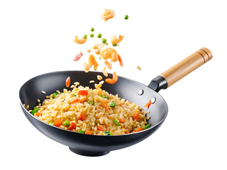 Wok stir frying fried rice with shrimp isolated on a transparent background