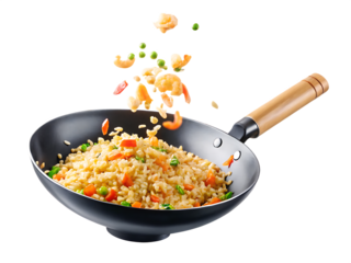 Wok stir frying fried rice with shrimp isolated on a transparent background