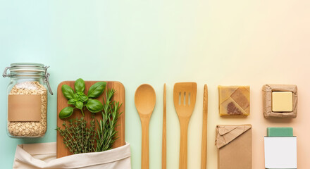 Kitchen utensils and fresh herbs arranged on a pastel background, featuring wooden spoons, jars, and natural ingredients, creating an inviting culinary atmosphere for cooking enthusiasts