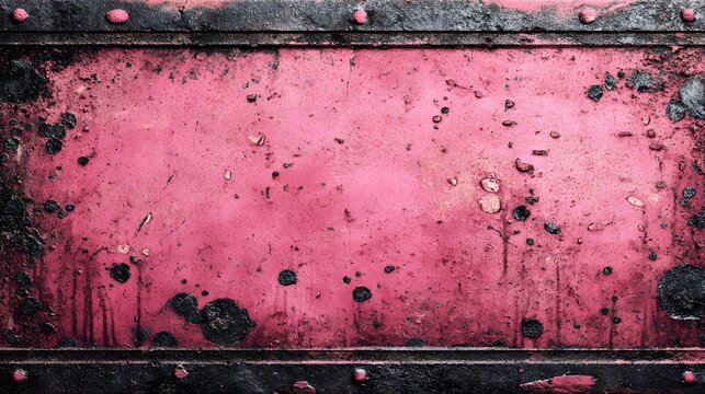 Dramatic and gritty background texture of a hot pink metal surface with dark, grunge-style borders, complete with scratches, stains, and drips.